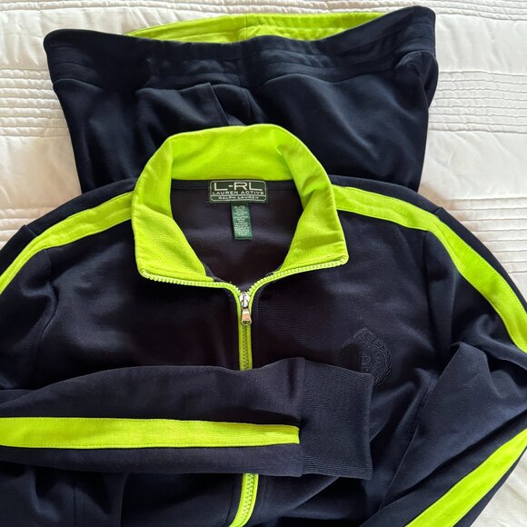 Ralph Lauren Active Set Zip Track Jacket-XL & Pants-L NavyBlue Lime Green w Logo - Picture 5 of 8